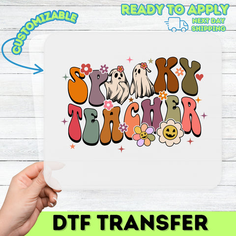 Ready to Press Spooky Teacher Halloween DTF Transfer Ghost & Retro Floral Apparel for Fun Classroom Vibes