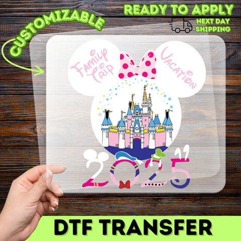 Cute Family Trip 2025 Mouse Ears & Castle DTF Transfer for Theme Park Vacation T-Shirt Iron-On Ready To Press