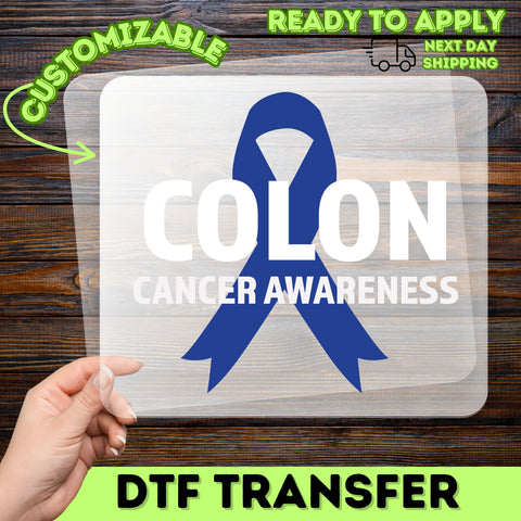 Ready to Press Colon Cancer Awareness DTF Transfer - Blue Ribbon Iron-On for T-Shirts & Apparel - Support Health Workers & Survivors