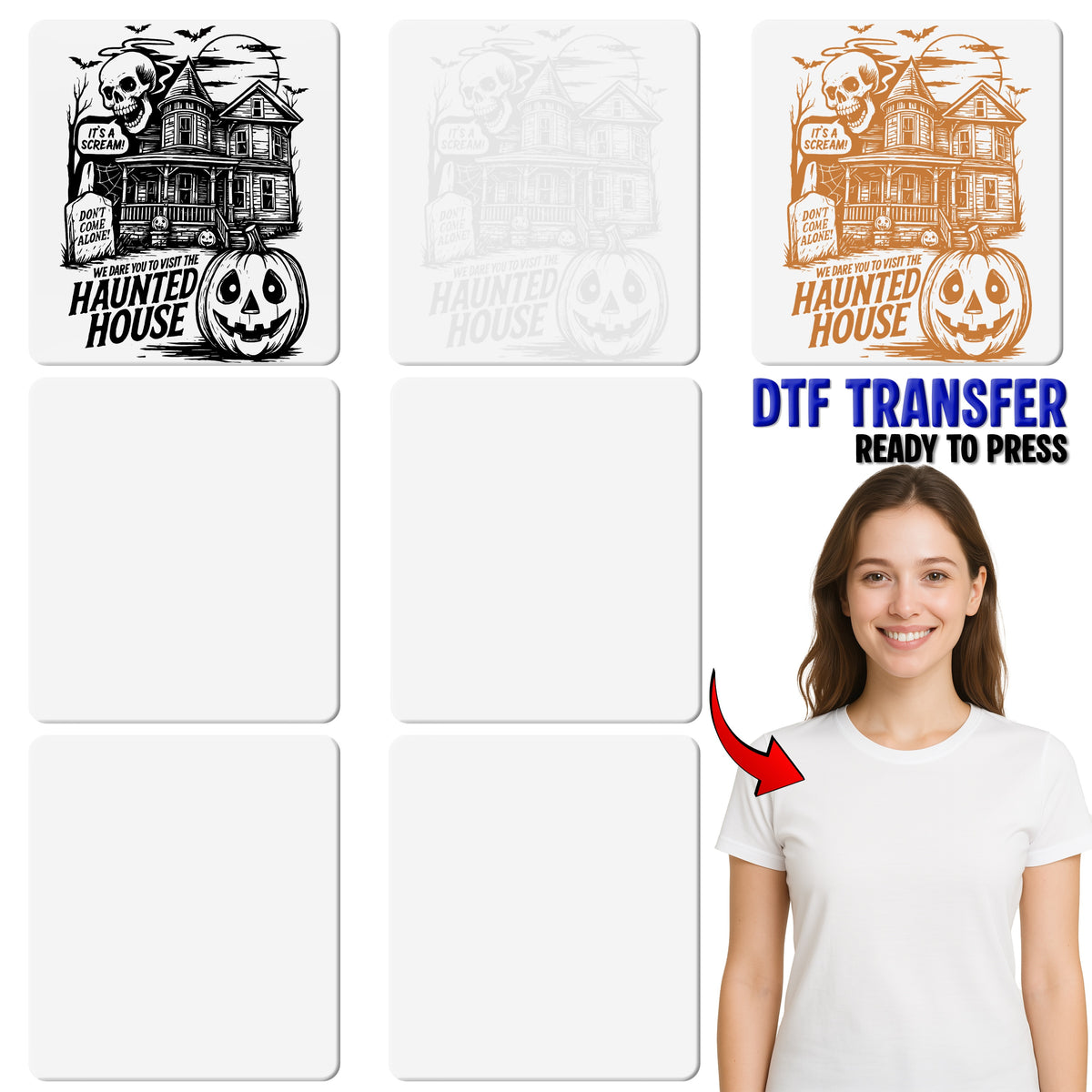 Spooky Halloween Haunted House DTF Transfer for Group Apparel - Vintage Gothic Comic Style T-shirt Design