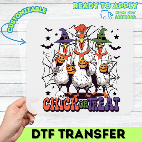 Funny Halloween Chick or Treat DTF Transfer for Chicken Lover T-Shirts & Party Apparel