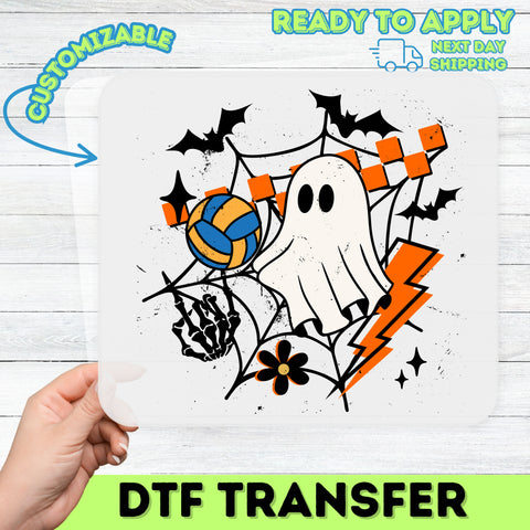Funny Ghost Playing Volleyball Retro Halloween DTF Transfer for Sports Lovers Iron-On Apparel Gift