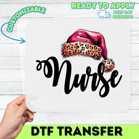 Festive Nurse Leopard Santa Hat DTF Transfer Iron-On Ready to Press Christmas Nurse T-Shirt Apparel