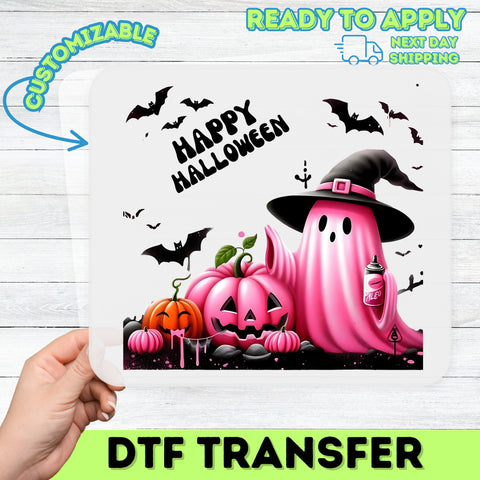 Cute Retro Pink Halloween DTF Transfer for Ghost Spraying T-Shirt & Sweatshirt, Fun Party Apparel, Iron-On for Festive Groups