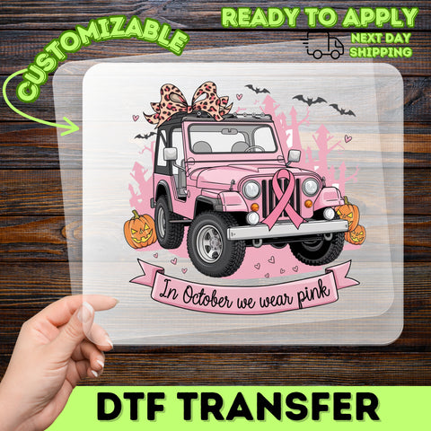 Cute Pink Jeep Halloween DTF Transfer Breast Cancer Awareness Iron-On for Women's T-Shirt Fun Spooky Group Costume