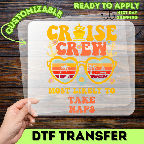 Retro Cruise Crew Fun DTF Transfer, Funny Vacation Iron-On, Ready To Press Tropical Beach Shirt for Group Travel Apparel