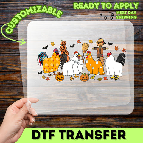 Funny Halloween Chicken DTF Transfer, Ready to Press Iron-On Design, Cute Farmhouse Holiday T-Shirt for Group Costume