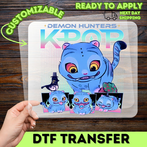 Cute K-pop Demon Hunters Blue Cat DTF Transfer for Trendy Anime Fans Apparel T-Shirt Sweatshirt Teens