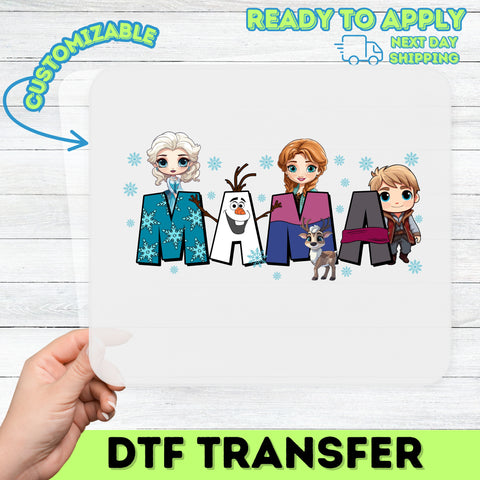 Frozen Inspired Cute Mama DTF Transfer for Family T-Shirt Ready to Press Ice Princess Chibi Style for Moms & Kids Apparel