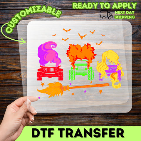 Funny Halloween Witch Jeep DTF Transfer for Retro T-shirt or Sweatshirt, Cute Pop Culture Iron-On Design, Ready To Press Apparel Gift
