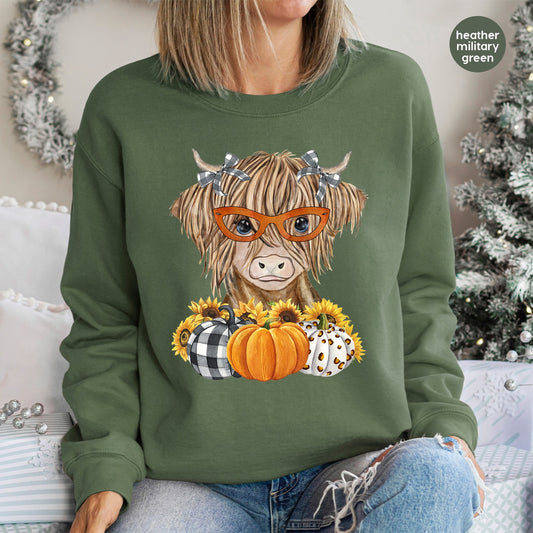 Quirky Highland Cow with Glasses Fall DTF Transfer | Cute Farmhouse Pumpkin Sunflower Iron-On for Family Sweatshirts