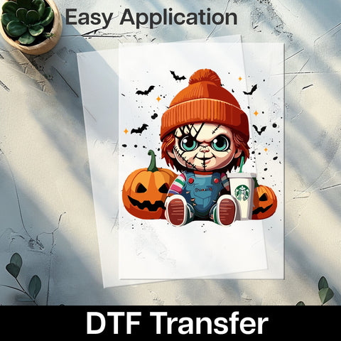 Cute Horror Halloween DTF Transfer Funny Iron-On for Coffee Lovers & Horror Fans Apparel