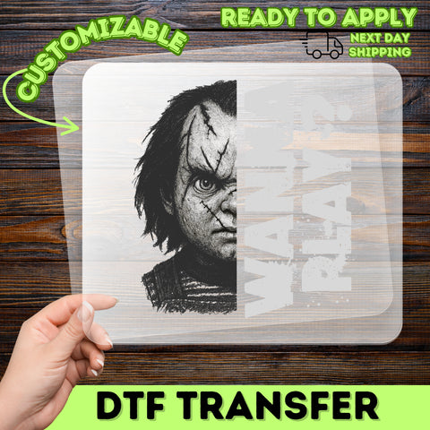 Horror Movie 'WANNA PLAY?' DTF Transfer for Spooky Halloween T-Shirt & Hoodies - Edgy Iron On Ready to Press for Horror Fans