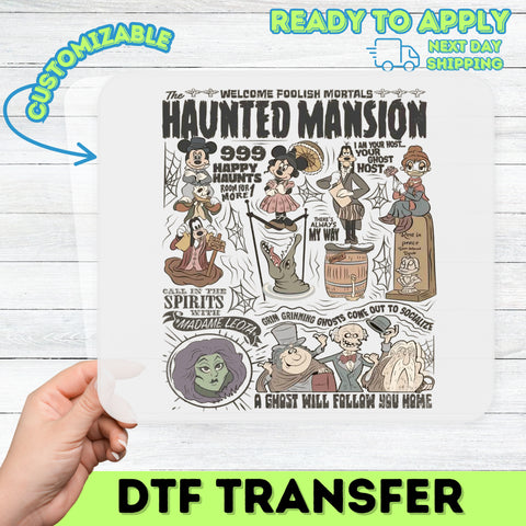 Haunted Mansion cartoon spooky DTF transfer for Halloween shirts - Iron-On or Ready To Press vintage family group theme