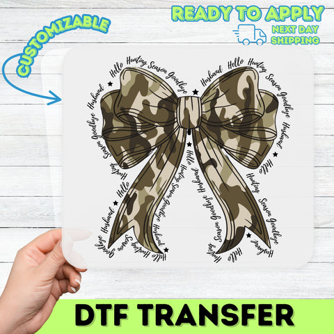 Camouflage Bow DTF Transfer Ready To Press Iron-On Cute Country Chic T-Shirt Outdoor Enthusiasts Camping Apparel