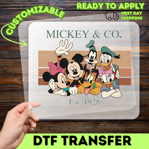 Retro Mickey & Co. Nostalgic Cartoon Character DTF Transfer, Vintage Disney Print for Family Reunions, Fun Group Apparel