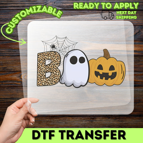 Cute Halloween Boo DTF Transfer with Leopard Print & Ghost - Ready To Press DTF for Seasonal T-shirt or Sweatshirt