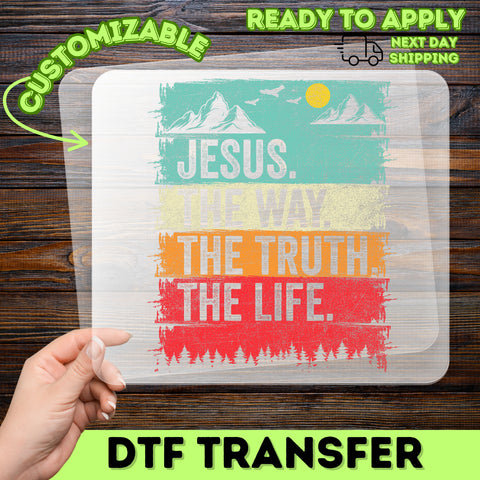 Christian Faith Mountain Scene DTF Transfer, Jesus the Way Rustic & Retro Iron-On, Inspirational Church Group Apparel