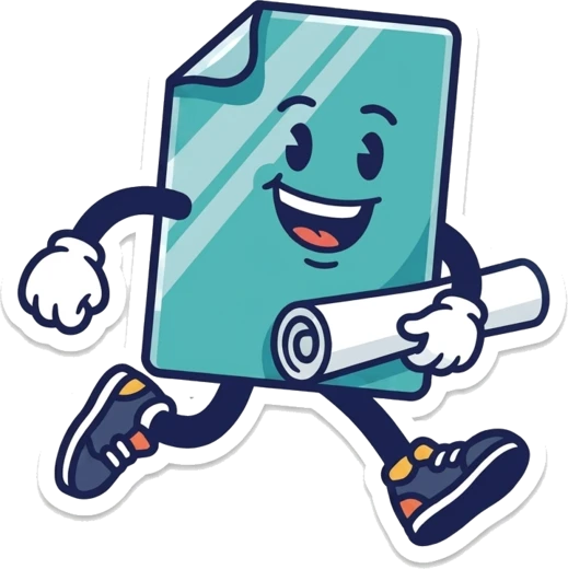 Dash, the DTFGO mascot — a running DTF transfer sheet carrying a roll of film