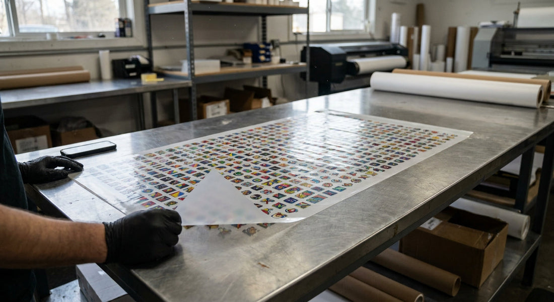 A 22 inch wide DTF gang sheet covered in printed transfer designs on a steel work table, with a gloved hand lifting one corner of the carrier film