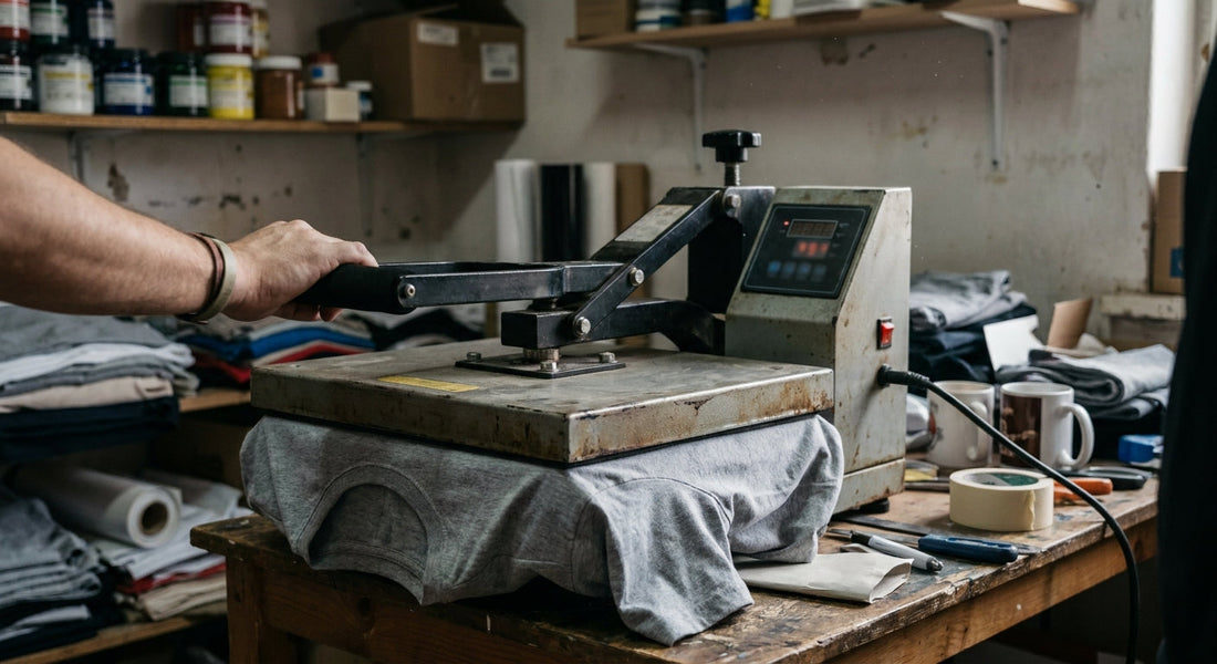 A worn clamshell heat press closing on a grey cotton t-shirt on a wooden workbench in a small print shop