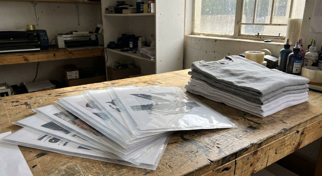 A fanned stack of pre-printed transfer sheets in clear sleeves beside folded blank t-shirts on a workbench