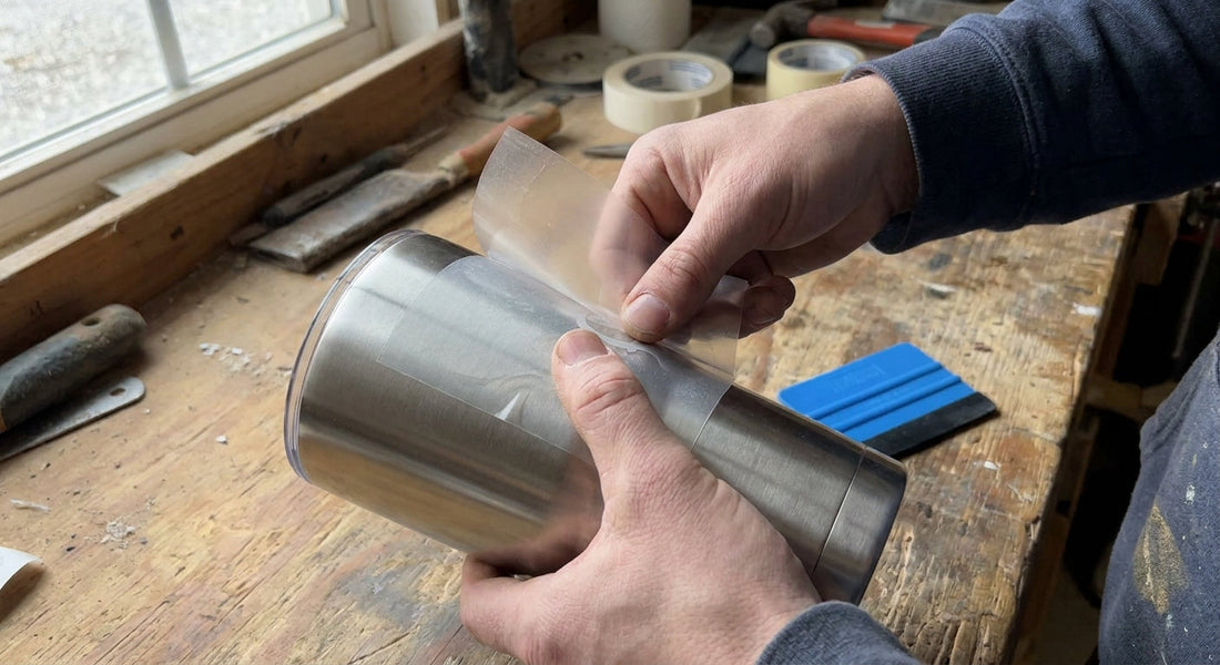 Hands applying a clear UV DTF transfer to a stainless steel tumbler, with a squeegee on the workbench alongside