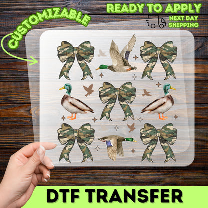 Iron-on funny hunting duck camo DTF transfer for family adventure apparel & outdoorsmen shirt ready to press