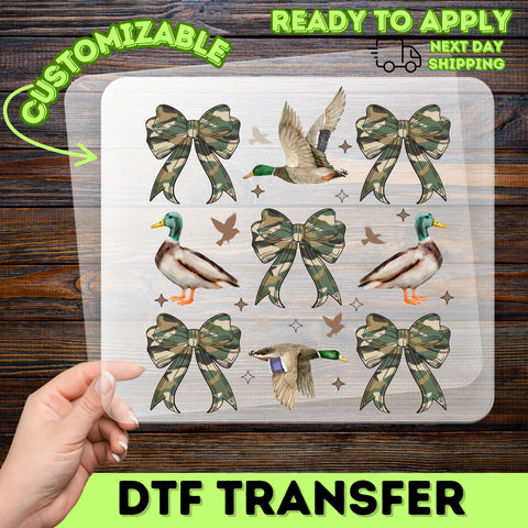 Iron-on funny hunting duck camo DTF transfer for family adventure apparel & outdoorsmen shirt ready to press