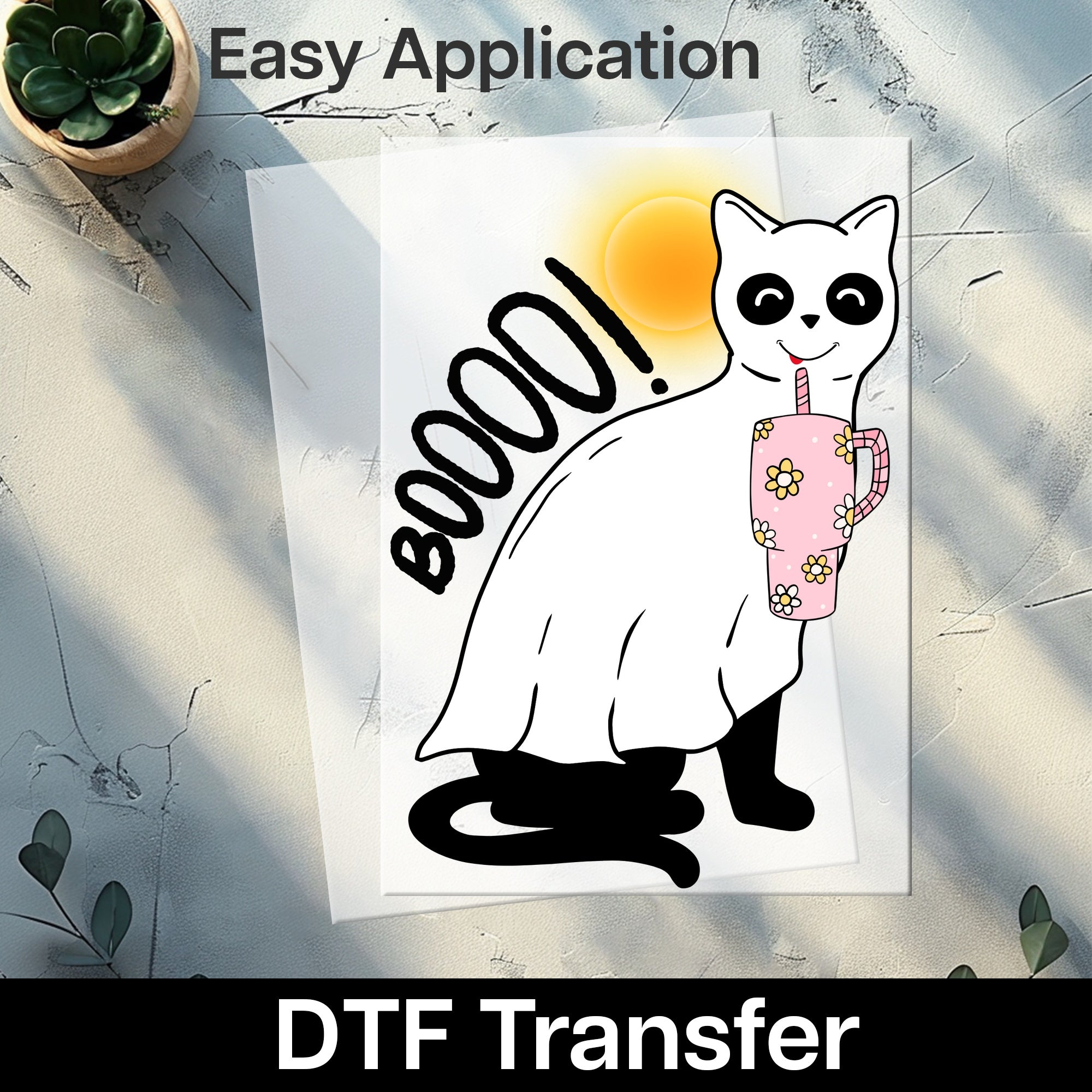 Cute Ghostly White Cat Halloween Coffee DTF Transfer Ready To Press for Women's T-Shirt or Sweatshirt