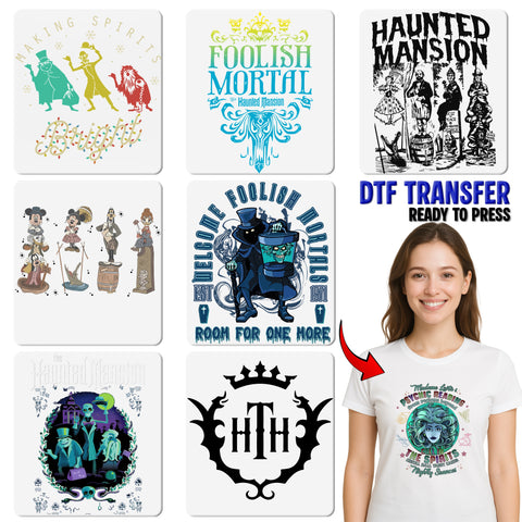 Halloween Haunted Mansion DTF Transfer - Spooky & Cute Iron-On for Halloween T-shirt, Family & Friends Party Apparel