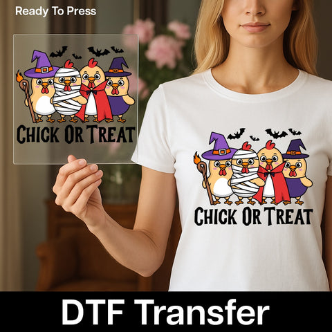 Funny Halloween Chick or Treat DTF Transfer | Cute Chicken Costume Iron-On | Ready to Press Design for Family & Kids Apparel