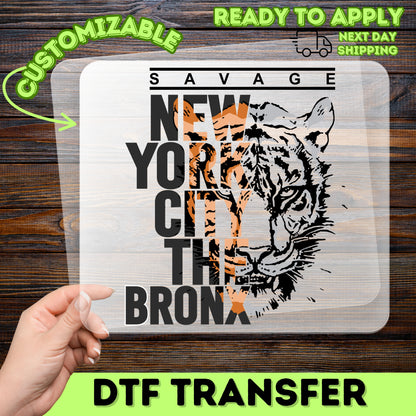 Iron-On DTF Transfer for New York City Urban Wildlife Bronx Pride T-Shirt, Bold Tiger Graphic, Trendy Animal Lover Apparel
