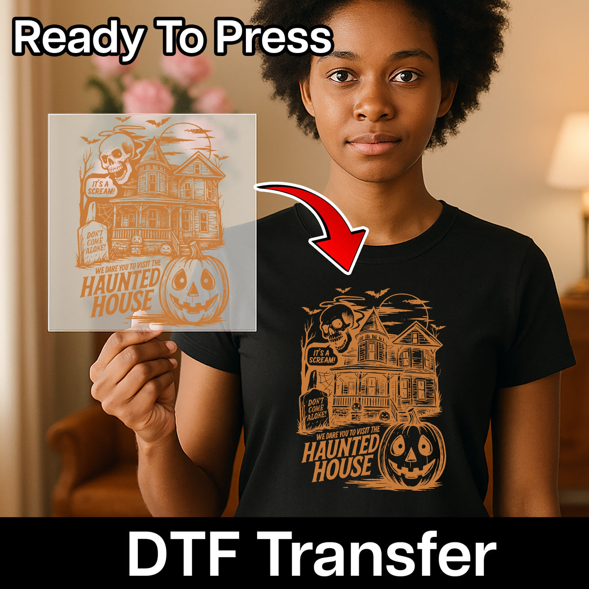 Funny Halloween Haunted House & Skull DTF Transfer for Group Apparel, Ready to Press for Spooky T-Shirts