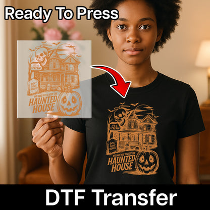 Funny Halloween Haunted House & Skull DTF Transfer for Group Apparel, Ready to Press for Spooky T-Shirts