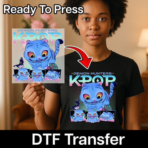 Cute K-pop Demon Hunters Blue Cat DTF Transfer for Trendy Anime Fans Apparel T-Shirt Sweatshirt Teens