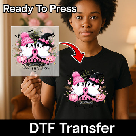 Cute Halloween Ghost & Pink Ribbon DTF Transfer for Breast Cancer Awareness Women's Shirt