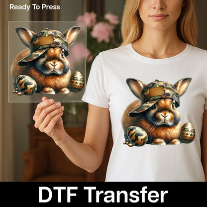 Cute Camo Easter Bunny DTF Transfer, Funny Rabbit Camouflage Design for Military Family T-Shirts & Hoodies