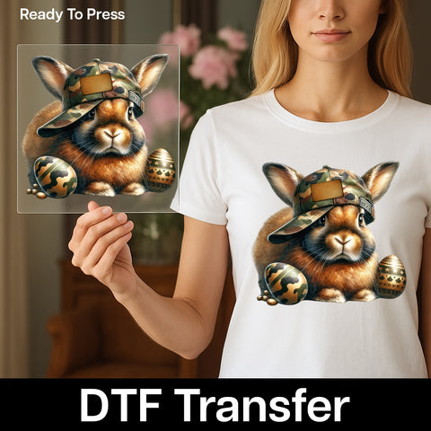 Cute Camo Easter Bunny DTF Transfer, Funny Rabbit Camouflage Design for Military Family T-Shirts & Hoodies