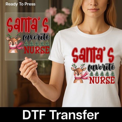 Santa's Favorite Nurse Funny Christmas DTF Transfer | Cute Holiday Iron-On for Nurses | Ready To Press T-shirt Apparel Gift