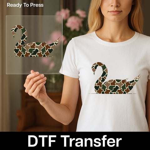 Camo Swan Silhouette Ready To Press DTF Transfer for Nature Enthusiast Apparel Hunting Outdoor Theme T-Shirt