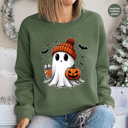 Cute Halloween Ghost with Pumpkin & Beanie DTF Transfer | Ready to Press Halloween Apparel for Families & Partygoers