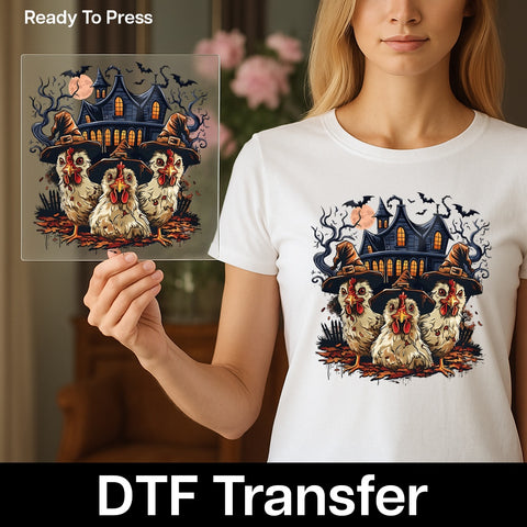 Funny Halloween Witchy Chicken DTF Transfer Ready to Press Iron-On for Family T-Shirt Ghostly Farmhouse Apparel