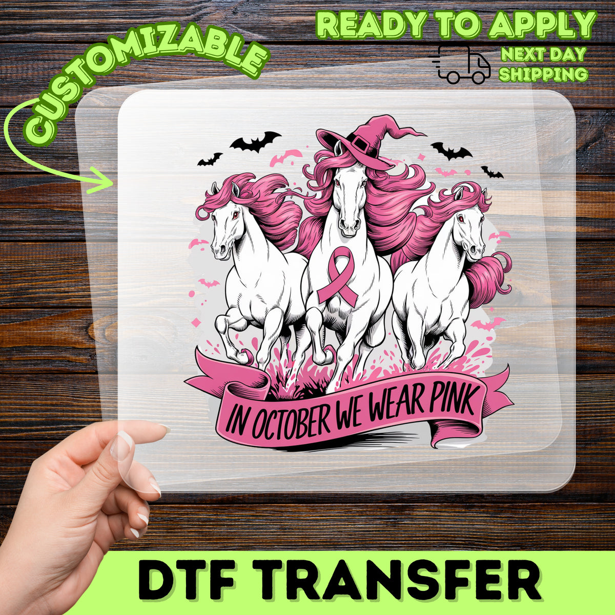Halloween Breast Cancer Awareness Gothic Whimsical Pink Iron-On DTF Transfer for Women T-Shirt & Sweatshirt