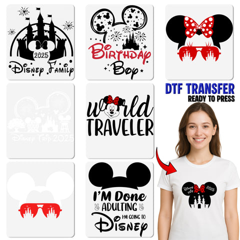 Disney Birthday Party Cute Mouse Ears Fireworks & Castle DTF Transfer for Kids T-Shirt Ready To Press
