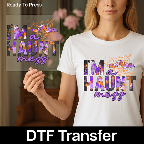 Funny Halloween DTF Transfer - 'I'M a HAUNT Mess' Iron-On for Adults Halloween Parties & Group Apparel
