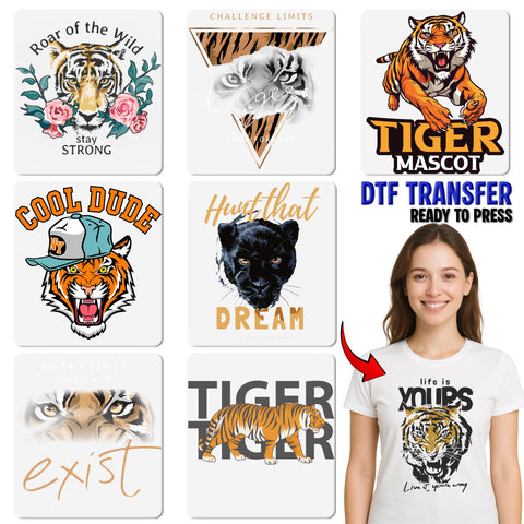 Iron-On Inspirational Tiger DTF Transfer for Team Apparel, Motivational Wildlife Shirt, Ready to Press Bold Urban Design