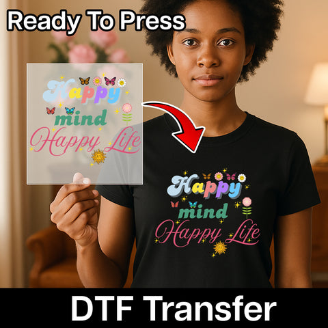 Cute Boho Spirit Happy Mind Happy Life DTF Transfer Iron-On for Women's Wellness T-Shirts & Sweatshirts