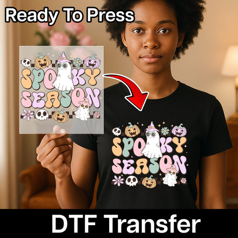 Cute Spooky Season Halloween Ghost DTF Transfer | Ready To Press Iron-On | Fun Retro Family & Friends T-shirt Design