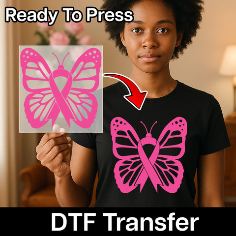 Pink Ribbon Butterfly DTF Transfer for Breast Cancer Awareness Apparel & Support Events